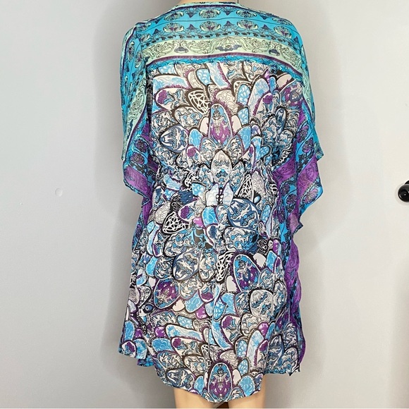 Vibrant Blue Turquoise and Purple Sheer Women's Swim Cover-Up Fits M/L - Picture 7 of 16